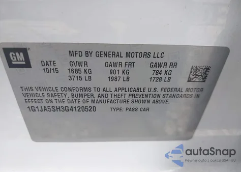 2016 Chevrolet Sonic Ls Auto из США, поврежденный, VIN 1G1JA5SH3G4120520